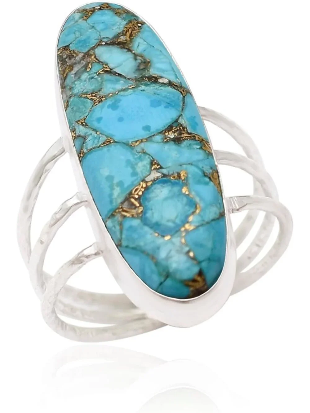Handmade 925 Sterling Silver Long Oval Turquoise Statement Ring for Women